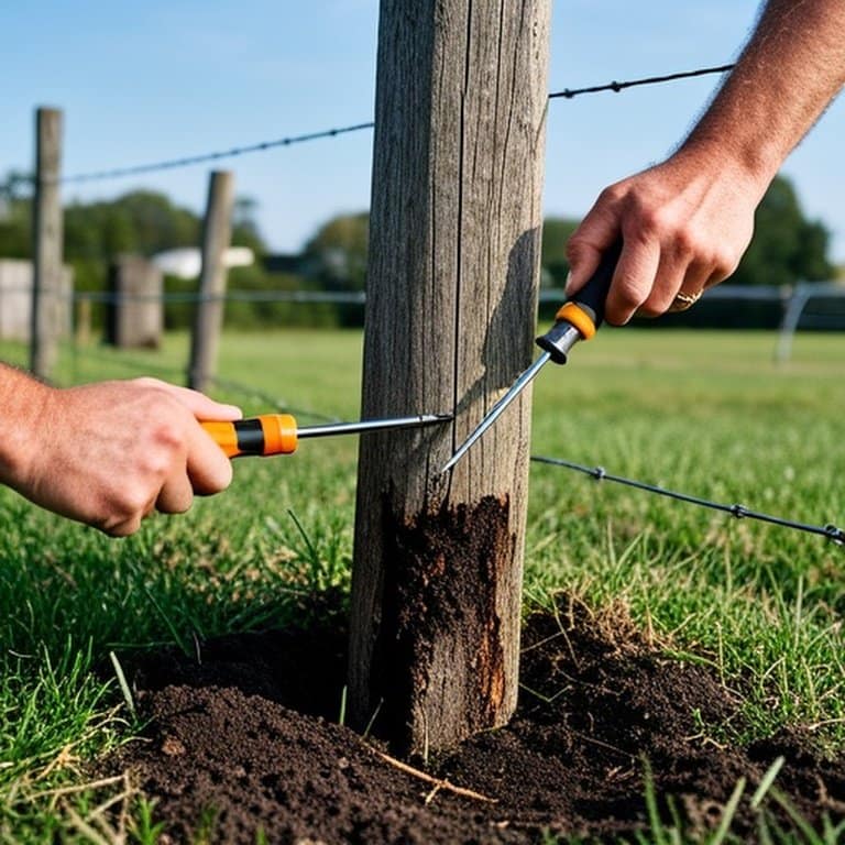 Ground-level inspection of weathered wooden fence post in agricultural field for maintenance, with hand testing soil firmness near base showing potential rot Ground-level inspection of weathered wooden fence post during agricultural maintenance, showing potential rot at the base with a hand testing soil firmness using a screwdriver probe