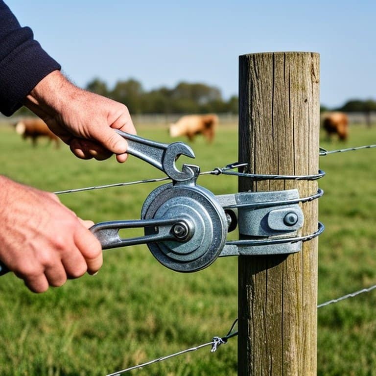 Person adjusting in-line wire tensioner between wooden fence posts in farm pasture with wrench Person adjusting in-line wire tensioner between wooden fence posts in farm pasture with wrench