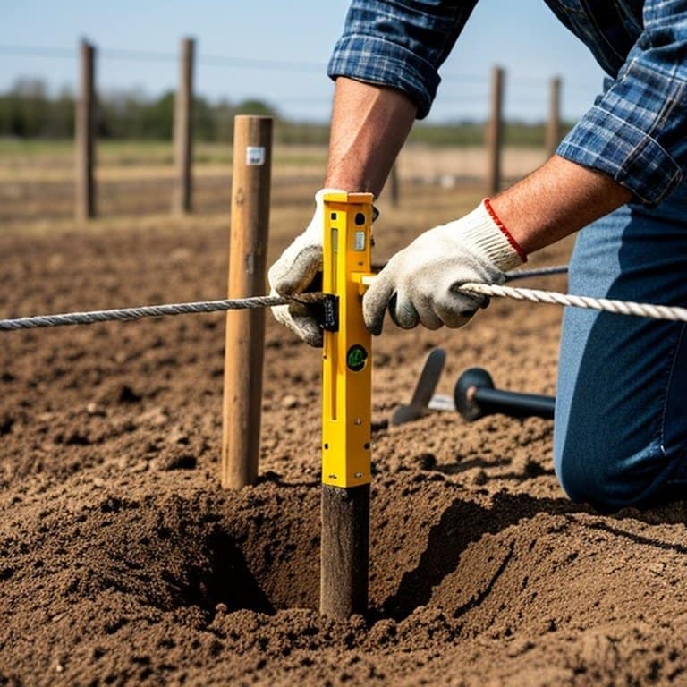 Proper alignment techniques for agricultural fencing installation: Farmer using a level to check vertical alignment of a wooden fence post during installation with temporary bracing Agricultural fencing installation: Farmer checking vertical alignment of wooden fence post with level
