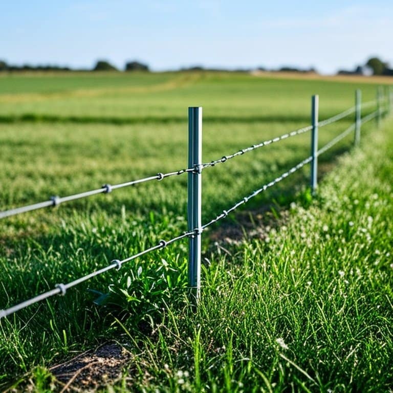 Well-maintained electric fence in agricultural setting with vegetation-free strip to prevent weed-induced electric shorting Well-maintained electric fence in agricultural setting with vegetation-free strip to prevent weed-induced electric shorting