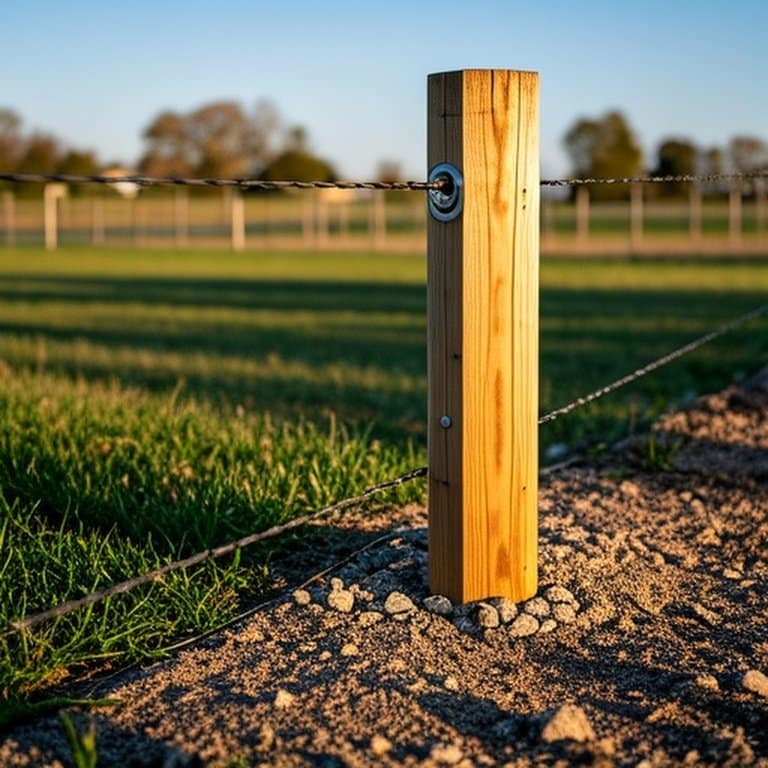 Realistic documentary-style photograph of a pressure-treated wood fence post installation in a rural agricultural setting with gravel backfill and concrete drainage base Realistic documentary-style photograph of a pressure-treated wood fence post installation in a rural agricultural setting with gravel backfill and concrete drainage base