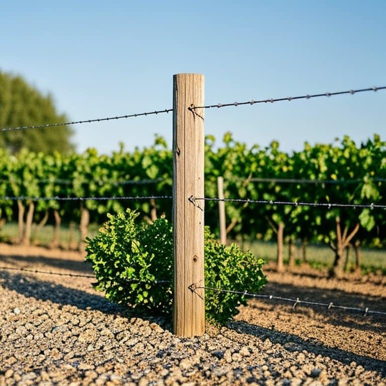 Realistic documentary-style photograph of well-maintained wooden post and woven wire fence in sunny agricultural field Realistic documentary-style photograph of well-maintained wooden post and woven wire fence in sunny agricultural field