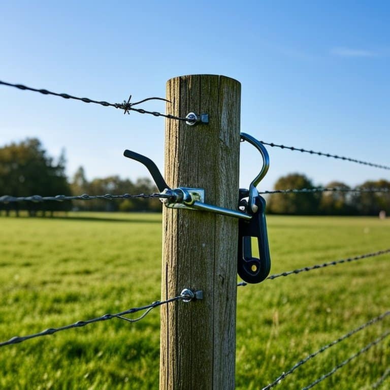 Realistic stock photo of high-tensile wire fence with ratchet tensioner demonstrating controlled tension application for fence re-tensioning Realistic stock photo of high-tensile wire fence with ratchet tensioner demonstrating controlled tension application for fence re-tensioning
