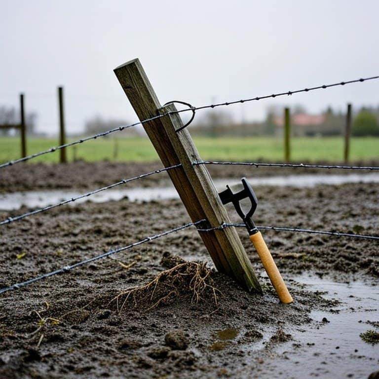 Documentary-style photograph of rural agricultural fence line post-storm Rural agricultural fence line after storm with leaning post and tensioning tool