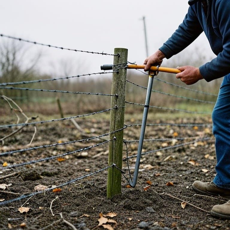 Rural agricultural fence repair after a storm, showing structural repair tools and post-storm environmental aftermath Rural agricultural fence repair after a storm, showing structural repair tools and post-storm environmental aftermath