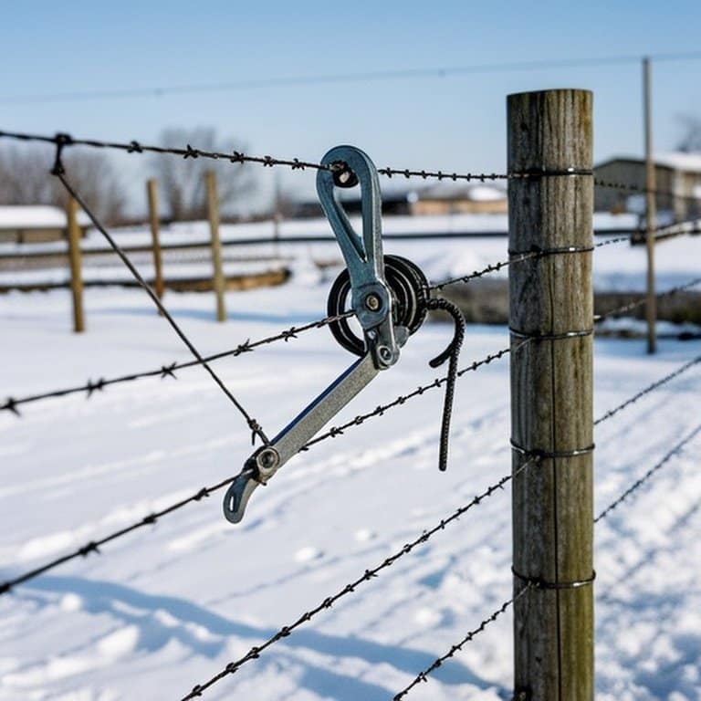 Winter rural agricultural wire fence re-tensioning with snow and come-along tool Winter rural agricultural wire fence re-tensioning with snow and come-along tool