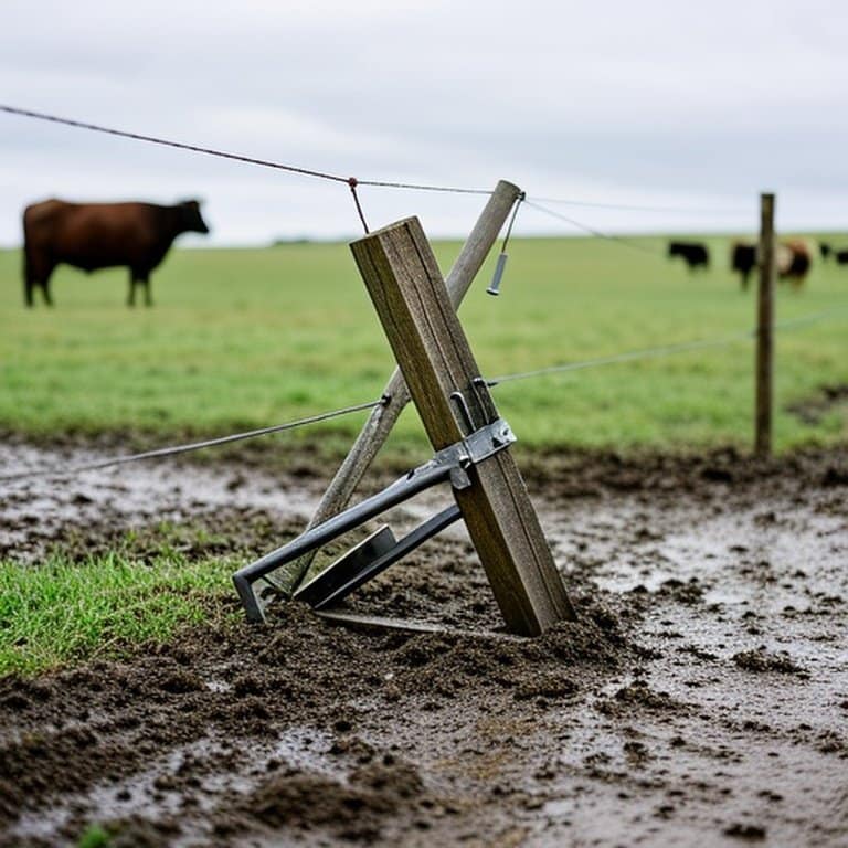 Leaning wooden fence post repair setup with gravel backfill in muddy pasture after heavy rain, agricultural field background Leaning wooden fence post repair setup with gravel backfill in muddy pasture after heavy rain, agricultural field background