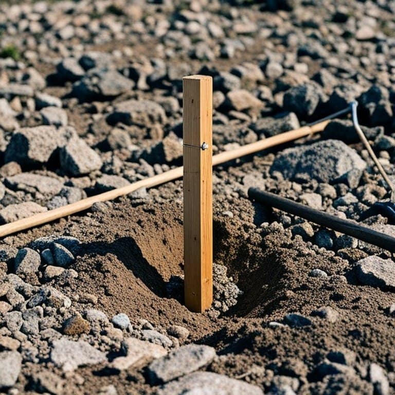 Documentary-style photograph of a freshly installed wooden fence post in rocky soil with gravel backfill, rural farm pasture backdrop Documentary-style photograph of a freshly installed wooden fence post in rocky soil with gravel backfill, rural farm pasture backdrop