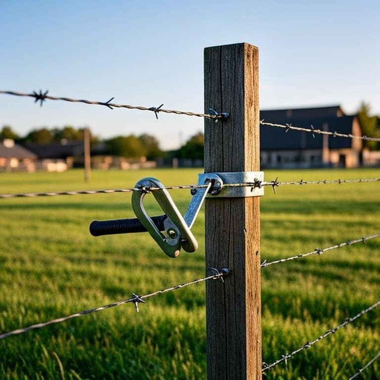 Realistic documentary-style rural farm pasture with a metal come-along tool re-tensioning a sagging high-tensile wire fence without rebuilding Realistic documentary-style rural farm pasture with a metal come-along tool re-tensioning a sagging high-tensile wire fence without rebuilding
