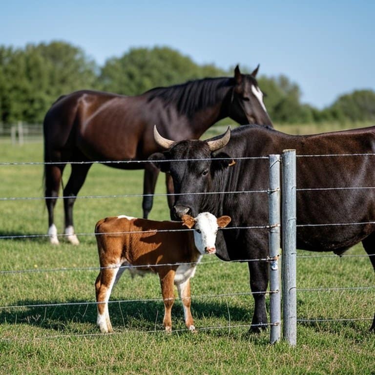 Realistic documentary-style photograph of rural farm pasture showing mixed-species fencing system for breed/age-specific livestock containment Realistic documentary-style rural farm pasture with mixed-species fencing system for livestock containment