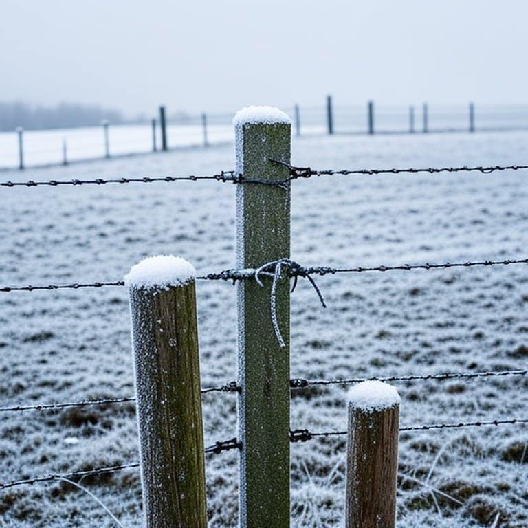 Realistic documentary-style winter farm scene showing livestock fencing materials under extreme cold conditions Realistic documentary-style winter farm scene showing livestock fencing materials under extreme cold conditions
