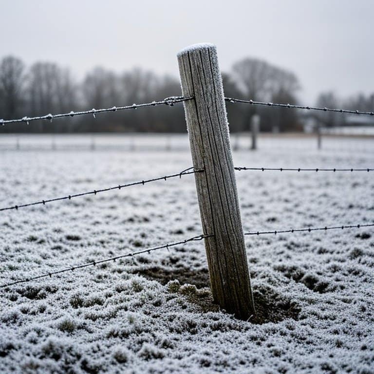 Wooden fence post tilted by frost heave in a cold-climate farm field with cracked soil and misaligned wire fencing Wooden fence post tilted by frost heave in a cold-climate farm field with cracked soil and misaligned wire fencing