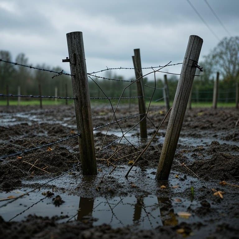 Photorealistic rural agricultural fence after heavy rain, depicting soil erosion damage and structural stress from water accumulation and debris Photorealistic rural agricultural fence after heavy rain, depicting soil erosion damage and structural stress from water accumulation and debris