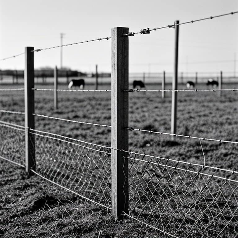 Reinforced agricultural perimeter fence in rural farm setting designed to deter predators like coyotes Reinforced agricultural perimeter fence in rural farm to deter predators