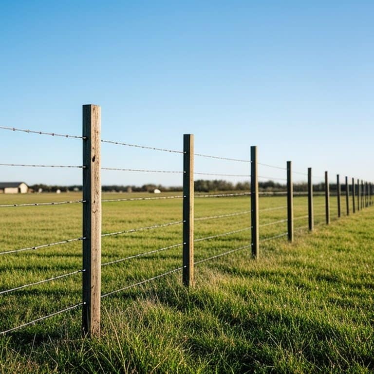 Agricultural wire fencing system with evenly spaced wooden posts in grassy pasture Agricultural wire fencing system with evenly spaced wooden posts in grassy pasture