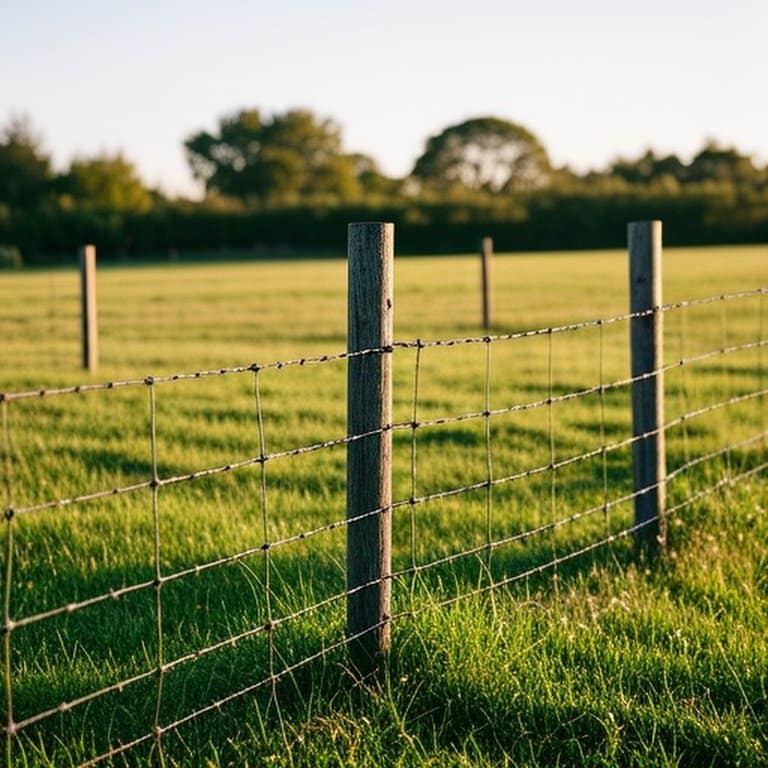 Agricultural woven wire fence with evenly spaced wooden posts in sunlit pasture for livestock stability Agricultural woven wire fence with evenly spaced wooden posts in sunlit pasture for livestock stability