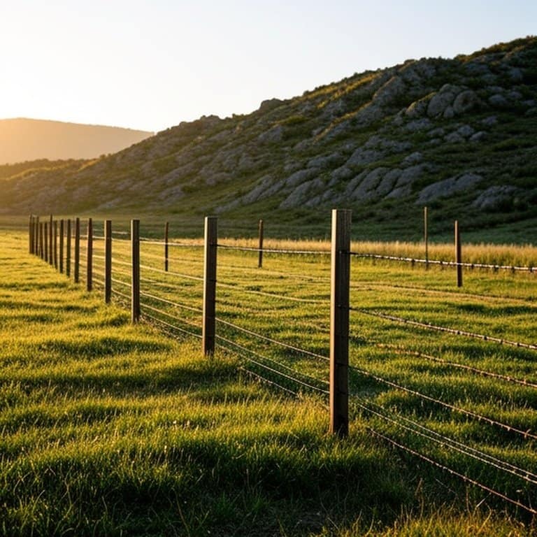 Documentary-style rural agricultural pasture with fenced boundary showing varying terrain (flat & sloped/rocky hillside) and post spacing, illustrating impact on agricultural fencing cost and structural requirements Documentary-style rural agricultural pasture with fenced boundary showing varying terrain (flat & sloped/rocky hillside) and post spacing, illustrating impact on agricultural fencing cost and structural requirements