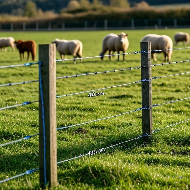 Realistic professional stock-photo of agricultural pasture with three electric fence sections for cattle, horses, sheep illustrating height recommendations Realistic professional stock-photo of agricultural pasture with three electric fence sections for cattle, horses, sheep illustrating height recommendations