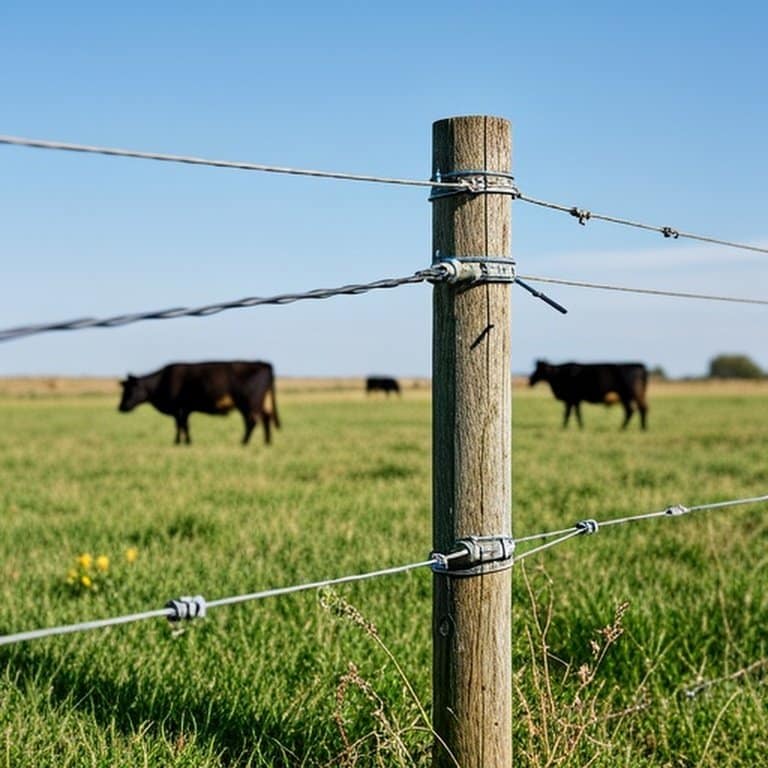 Temporary electric fence setup in grassy agricultural pasture for livestock grazing Temporary electric fence setup in grassy agricultural pasture for livestock