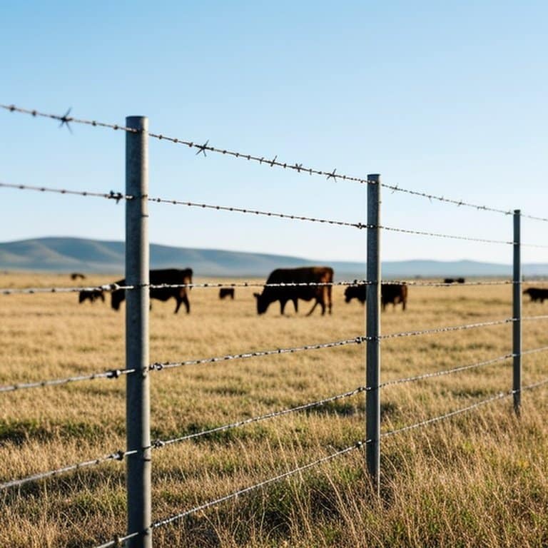 Maintained barbed wire fence with galvanized T-posts in dry pasture, adjacent grazing cattle, background hills and blue sky Maintained barbed wire fence with galvanized T-posts in dry pasture, adjacent grazing cattle, background hills and blue sky
