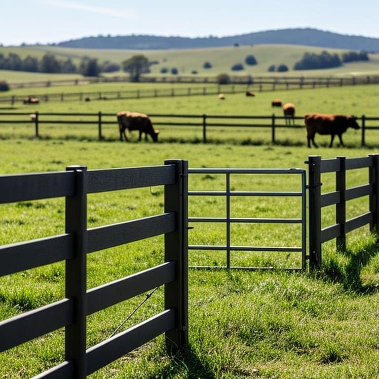 Well-installed durable composite livestock fencing with reinforced posts and gates in sunny agricultural pasture Composite livestock fencing system in agricultural pasture