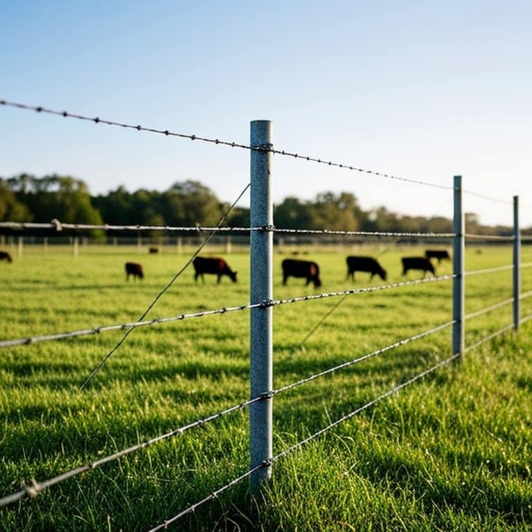 Well-installed high-tensile wire fence in sunlit agricultural pasture, professional documentary-style photograph Well-installed high-tensile wire fence in sunlit agricultural pasture, professional documentary-style photograph