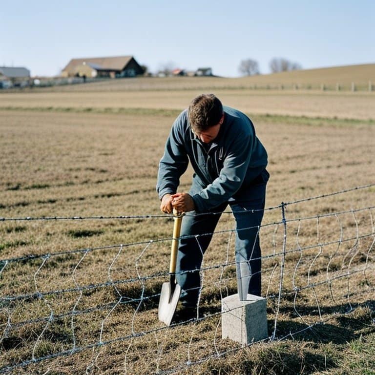 Realistic documentary - style photograph of a solo individual installing a woven wire fence on a moderately sloped farm field Documentary - style photo of a person installing a woven wire fence on a sloped farm field