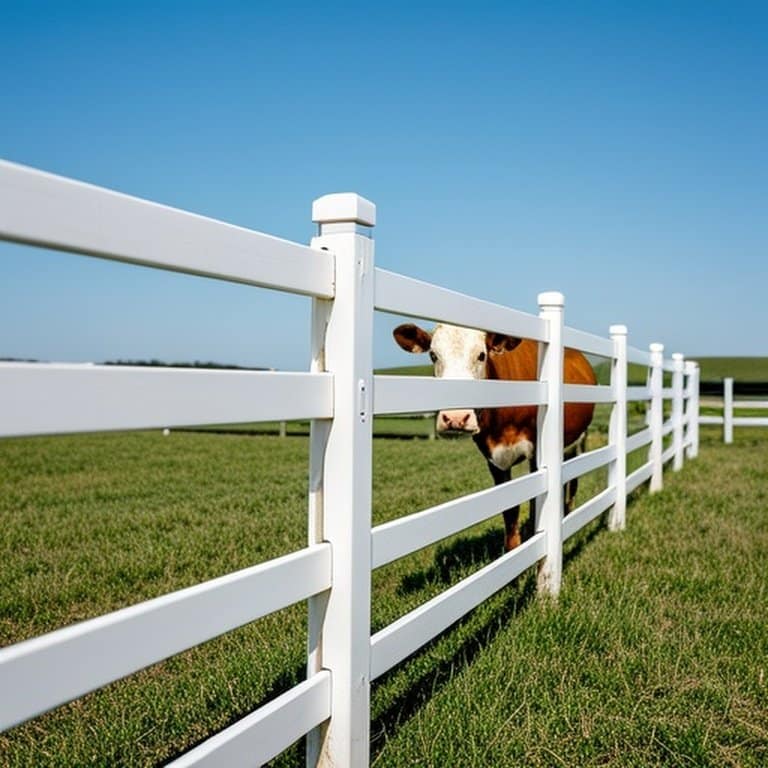 Well-installed PVC fencing system in open farm pasture with mechanical stress from livestock and UV discoloration, illustrating durability and vulnerability in real-world farm conditions Well-installed PVC fencing system in open farm pasture with mechanical stress from livestock and UV discoloration, illustrating durability and vulnerability in real-world farm conditions