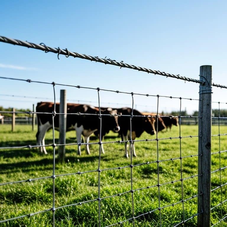 Sturdy galvanized welded wire mesh fence in well-maintained farm corral for livestock management Galvanized welded wire mesh fence in farm corral for livestock management