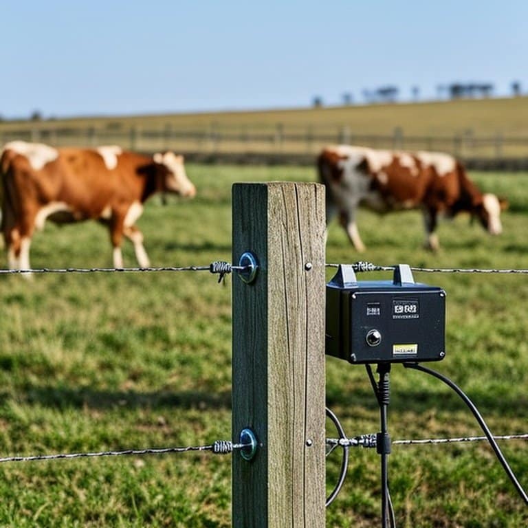 Well-installed permanent electric fence on a farm featuring high-tensile wire, insulators, wooden posts, grounding system, energizer, and calm cattle grazing nearby Properly installed permanent electric fence on a farm with calm cattle grazing nearby