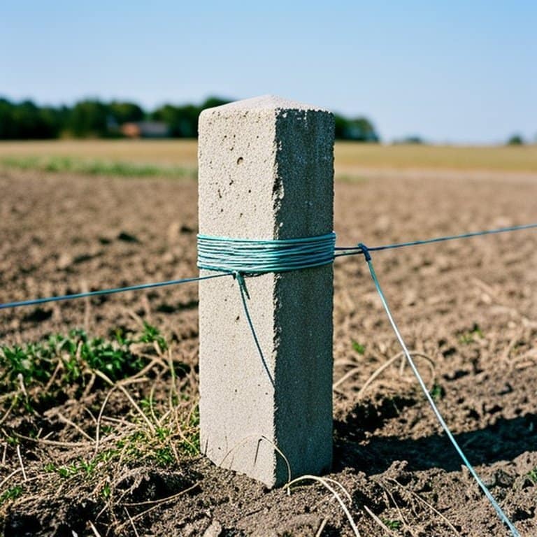 Documentary-style photo of a freshly cured concrete fence post in rural agricultural field with coiled fencing wire, emphasizing proper curing before attaching wire Documentary-style photo of a freshly cured concrete fence post in rural agricultural field with coiled fencing wire, emphasizing proper curing before attaching wire
