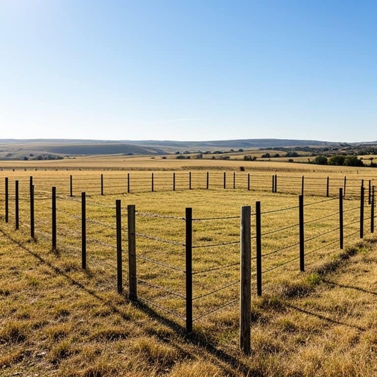 Square agricultural pasture with wooden post and wire fencing in sunny arid rural landscape Square agricultural pasture with wooden post and wire fencing in sunny arid rural landscape