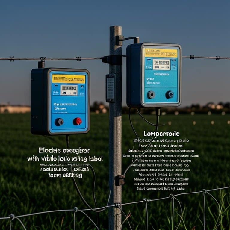 Electric fence energizer with visible joule rating label in a realistic farm setting Electric fence energizer with visible joule rating label in a realistic farm setting