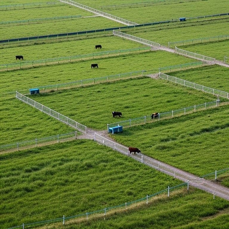 Aerial view of well-organized rotational grazing pasture with electric fencing, grazing cattle, and water troughs, capturing the essence of flexible, efficient rotational grazing management emphasizing proper pasture subdivision and recovery Aerial view of organized rotational grazing pasture with paddocks, cattle, and water troughs illustrating efficient livestock management through pasture subdivision and recovery