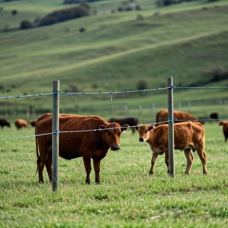 Realistic documentary-style photo of temporary electric fencing in grassy agricultural paddock, showing cattle grazing within the boundary, demonstrating effective two-strand fencing for livestock Temporary electric fencing setup in agricultural paddock with cattle grazing
