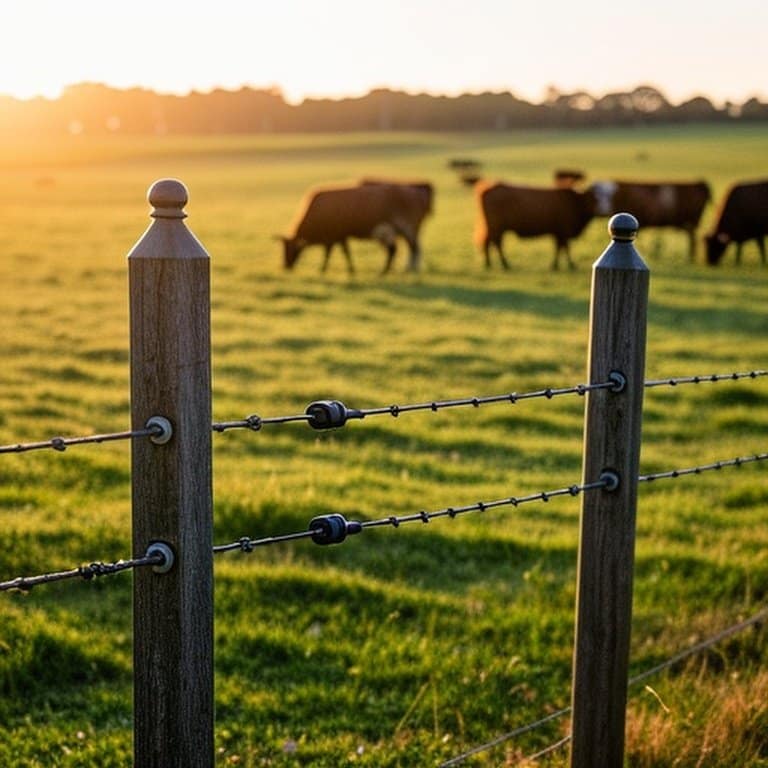 Professional permanent electric fence in sunlit agricultural paddock with grazing cattle Permanent electric fence setup in agricultural paddock with grazing cattle