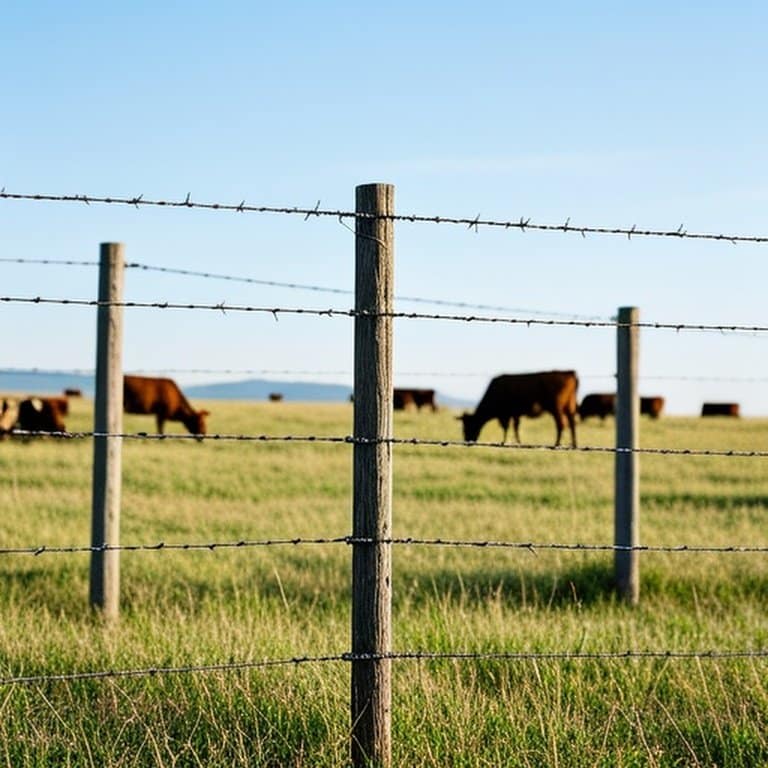 Realistic documentary-style 4-strand barbed wire fence in gently rolling agricultural pasture for livestock containment Realistic documentary-style 4-strand barbed wire fence in gently rolling agricultural pasture for livestock containment