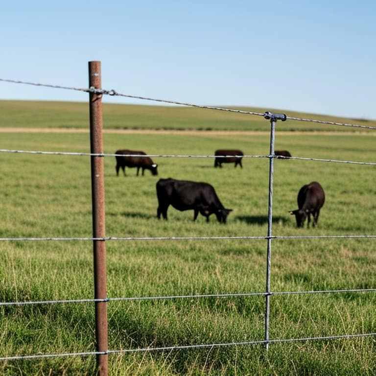 Wide-angle documentary photograph of agricultural pasture with high-tensile wire fencing forming a behavioral boundary for grazing livestock Wide-angle documentary photograph of agricultural pasture with high-tensile wire fencing forming a behavioral boundary for grazing livestock