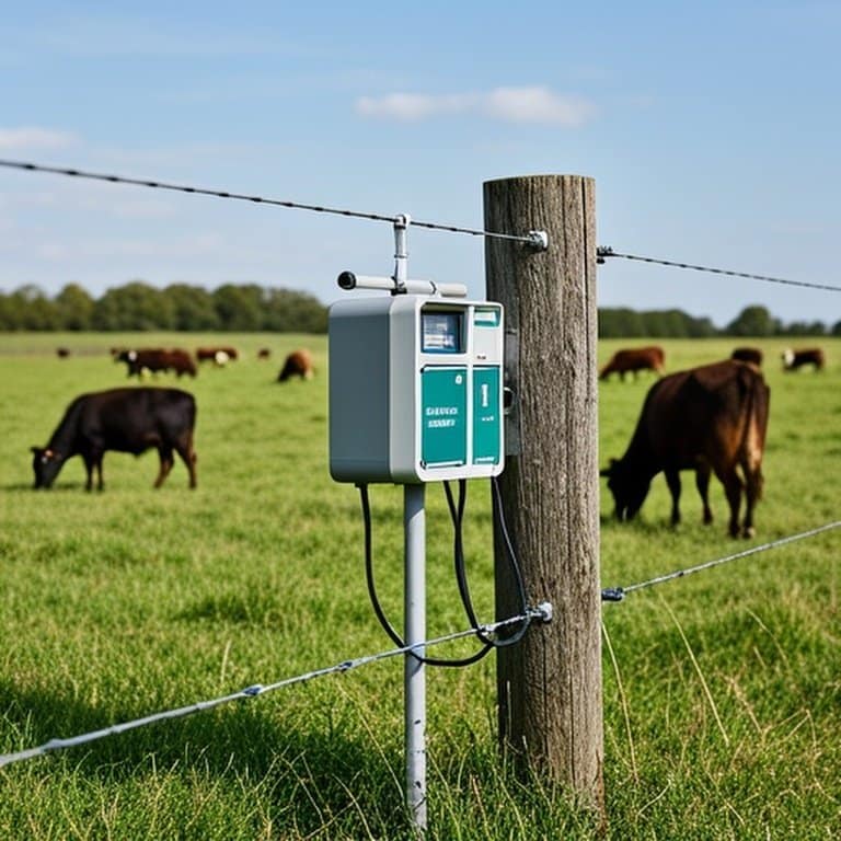 Rural agricultural pasture with well-maintained electric fence setup and grazing cattle Realistic professional photograph of a rural agricultural pasture with a well-maintained electric fence setup, modern energizer unit, wooden posts, metal ground rod, and calm grazing cattle, emphasizing proper grounding for safety
