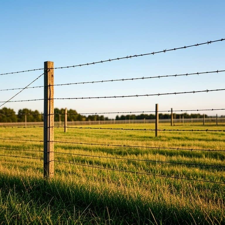 Realistic documentary-style barbed wire fence perimeter in agricultural pasture, illustrating livestock fencing layout and perimeter relative to acreage Realistic documentary-style barbed wire fence perimeter in agricultural pasture, illustrating livestock fencing layout and perimeter relative to acreage