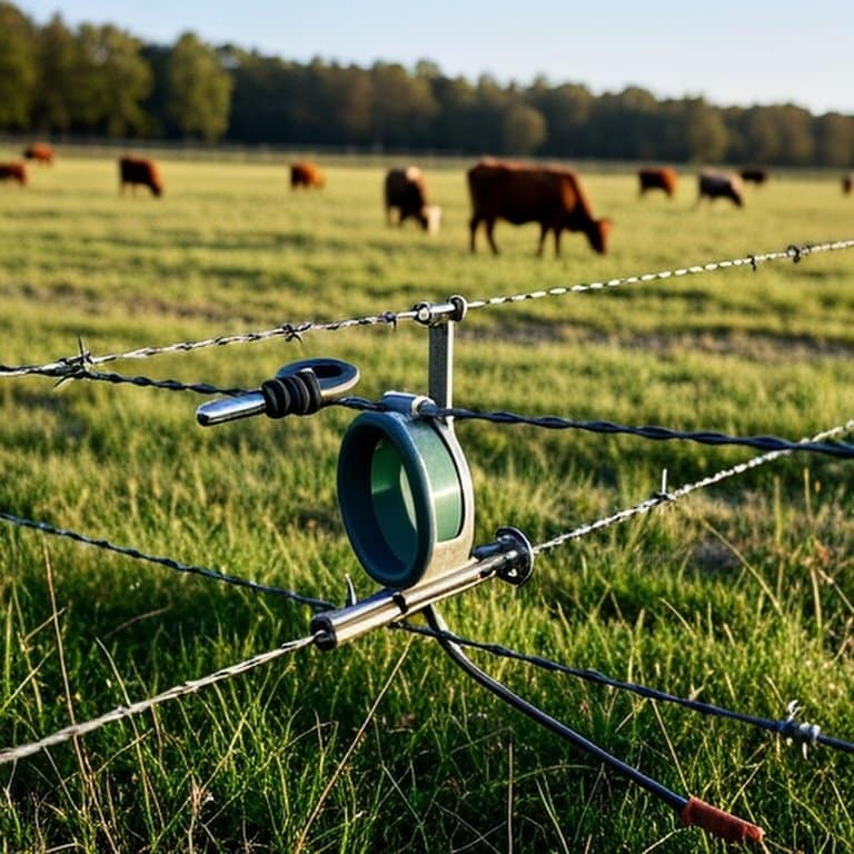 High-tensile wire fence photo in sunlit pasture with maintenance tools and grazing cattle, emphasizing recurring maintenance and long-term fencing costs Documentary-style image of high-tensile wire fence in sunlit grassy pasture with tensioning tool, insulator, and grazing cattle, illustrating agricultural fencing maintenance and long-term costs