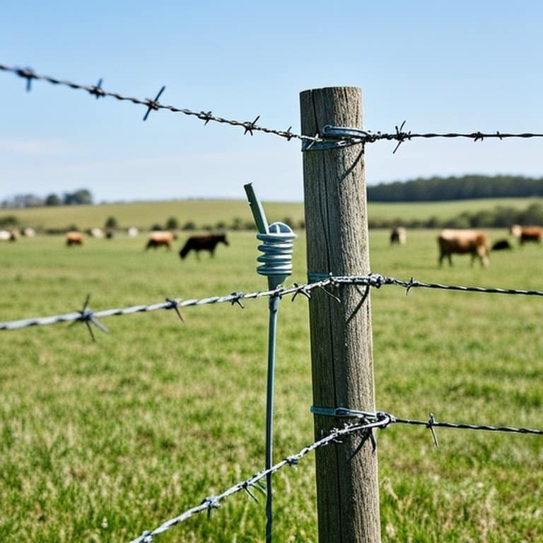 Realistic photograph of a high-tensile wire fence with cattle grazing, illustrating professional fencing techniques and structural components in pastoral field High-tensile wire fence installation in pastoral agricultural setting