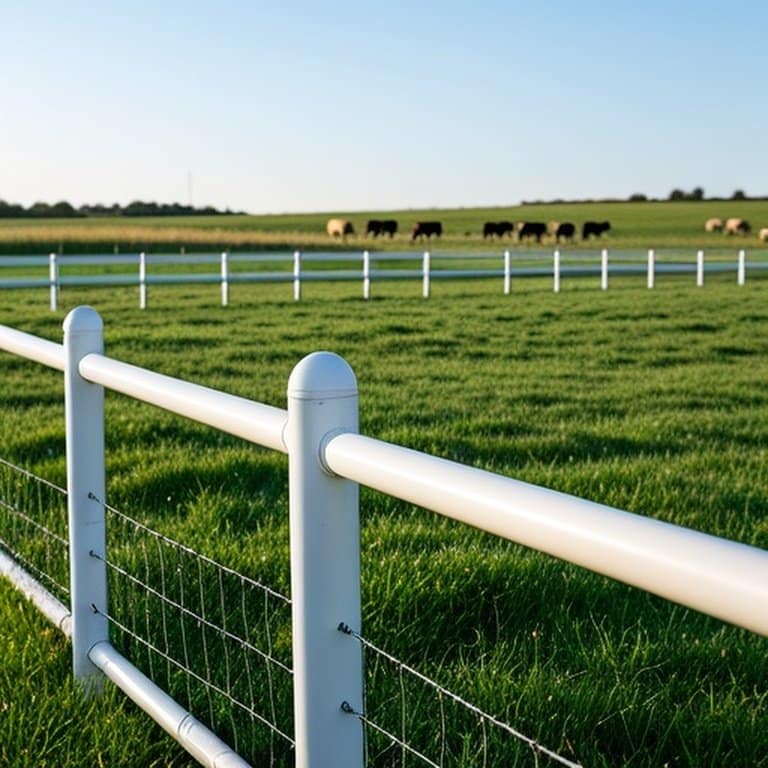 Realistic wide-angle photograph of a farm pasture showcasing neatly installed white PVC fencing and wire fencing for livestock containment Realistic wide-angle photograph of a sunlit farm pasture with white PVC fencing and wire fencing in a well-maintained agricultural landscape