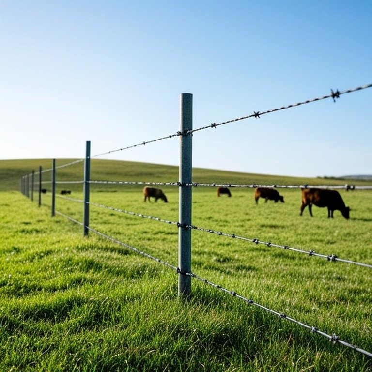Professional wide-angle photograph of a permanent electric fence setup in a grassy pasture with grazing cattle Professional wide-angle photograph illustrating a well-maintained permanent electric fence surrounding a grassy pasture with grazing cattle, featuring high-tensile wires, metal posts with insulators, and a grounding system in a sunny landscape with rolling hills