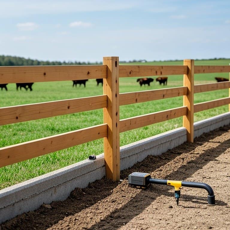 Realistic photograph of newly installed pressure-treated pine post-and-rail wood fence on working farm, showing factors influencing wood fencing installation costs Documentary-style photo of working farm with newly installed post-and-rail wooden fence for wood fencing installation cost illustration