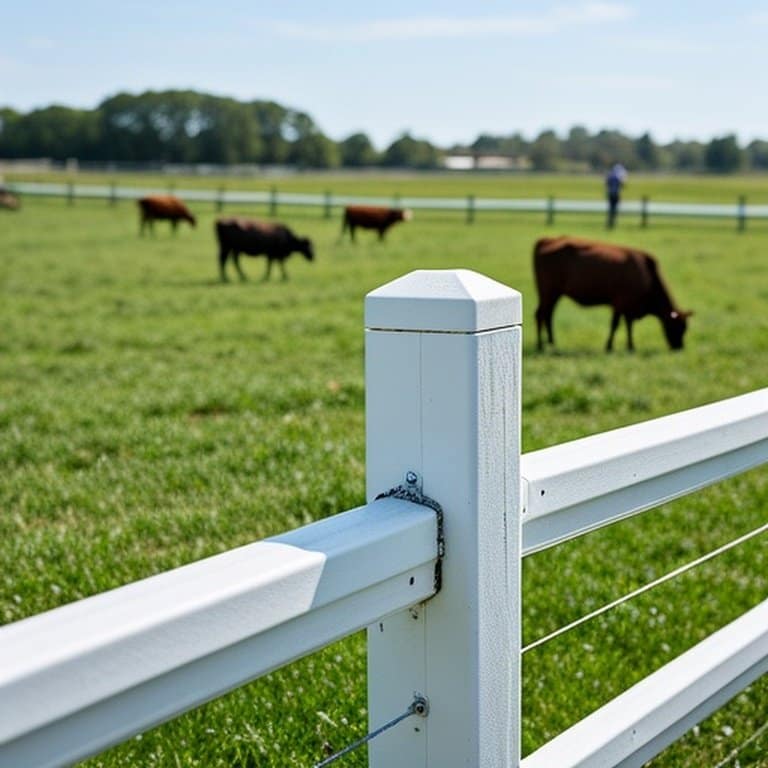 PVC fencing along pasture edge with grazing cattle in sunny rural farm setting, showing minor stress signs PVC fencing along pasture edge with grazing cattle in sunny rural farm setting, showing minor stress signs