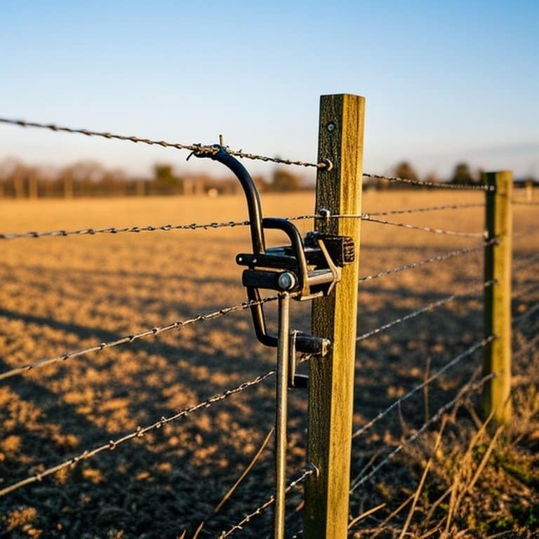 High-tensile wire fence section installed with proper tension in a rural farm field, suitable for agricultural website featured image. High-tensile wire fence section installed with proper tension in a rural farm field, suitable for agricultural website featured image.