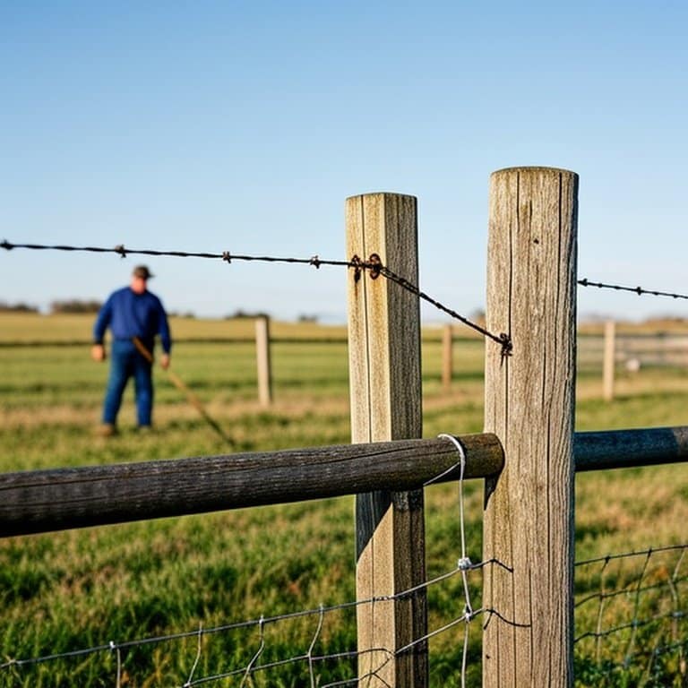 Realistic documentary-style photograph of farmer inspecting rural farm fence corner post and gate junction for agricultural routine inspection Realistic documentary-style photograph of farmer inspecting rural farm fence corner post and gate junction for agricultural routine inspection