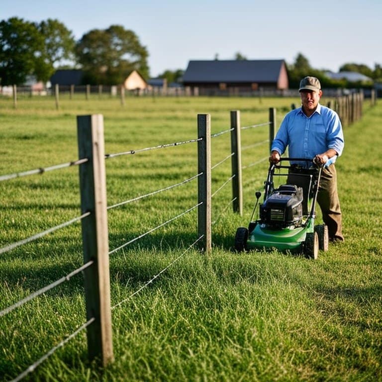 Realistic documentary-style image of lawn mower maintaining electric livestock fence for proper mowing practices Walk-behind lawn mower cutting tall grass along electric livestock fence in sunny rural farm field