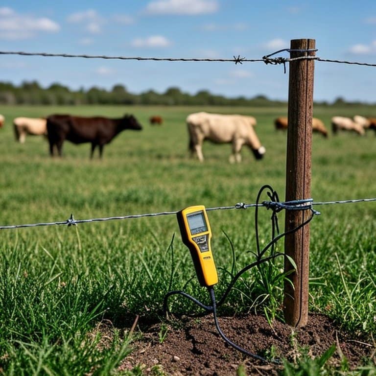 Electric fence maintenance inspection farm photograph High-resolution realistic farm photo of electric fence maintenance inspection: fence voltage tester on live wire, vegetation touching fence lines, ground rods in soil, tightened wire connections, rural pasture with livestock background, natural lighting, eye-level perspective